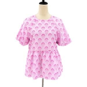 J. Marie Pink Floral Drop Waist Peplum Puff Short Sleeve Keyhole Back Blouse Top